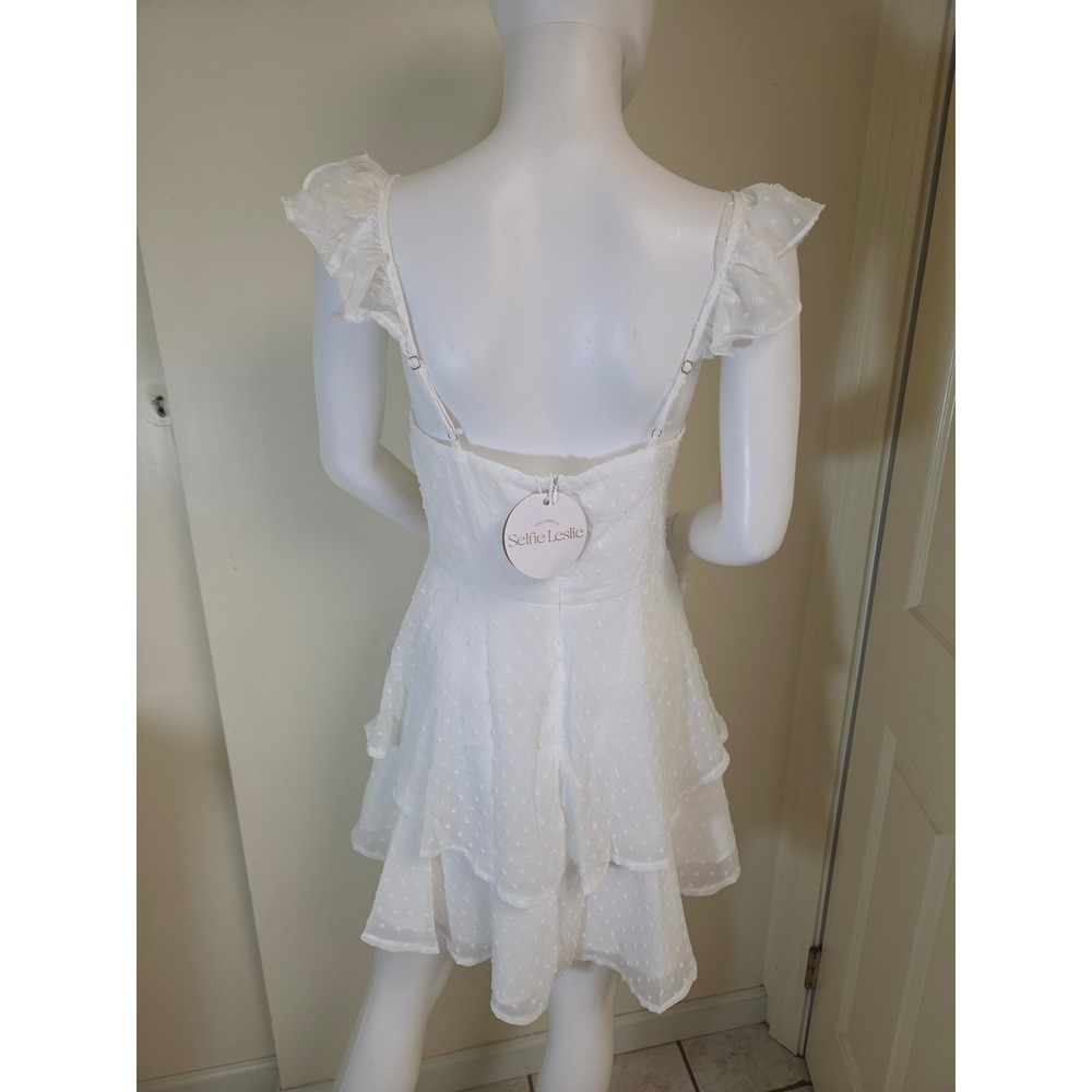 Selfie Leslie White Swiss Dot Corset Mini Dress Ruffle Tiered Skirt Size M - Picture 10 of 12